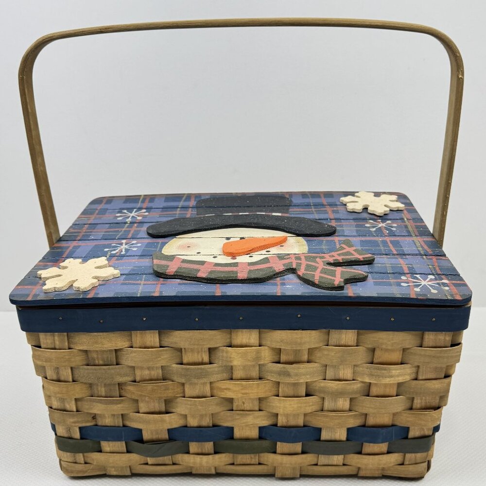 Woven Wicker Basket Snowman Blue Plaid Lid Wooden Handle 12" L x 8" W x 7.5" H
